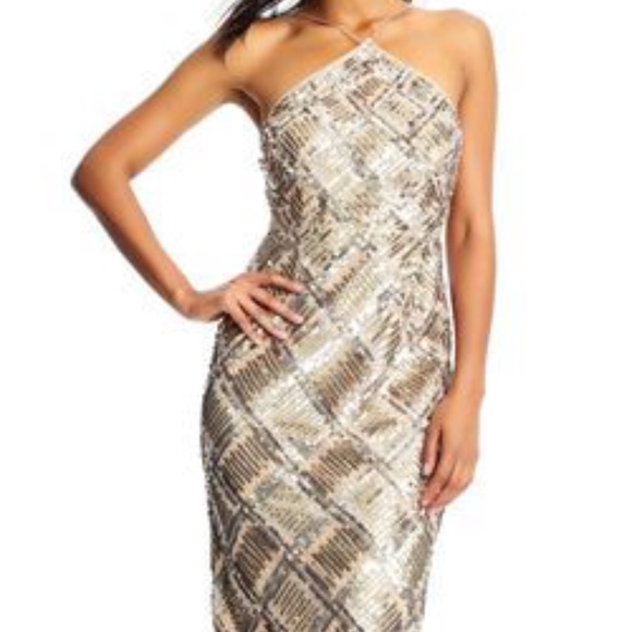 Aidan Mattox Grid Sequined Halter Cocktail Dress-6 - Picture 2 of 9